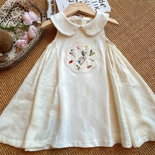 Baby Girl French Dress Summer Style Embroidered Patch Sleeveless Dress Girls Mid-Length Turn-Down Collar Dress 2631