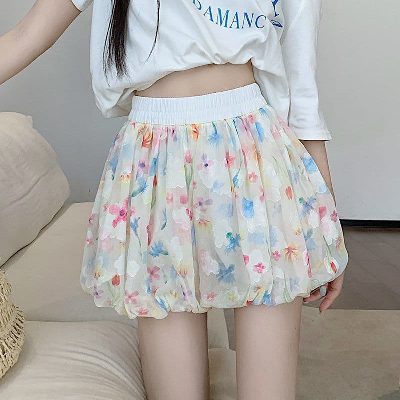 Floral Puffy Bloomer Shorts for Women Summer 2026 Petite High-Waist Loose Casual Ice Silk Wide-Leg Skirt Shorts