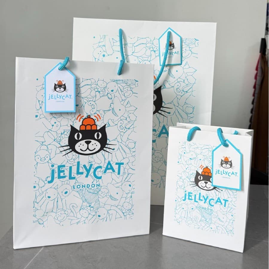 Jellycat blue full-print drawstring gift bag, white cardstock packaging tote bag