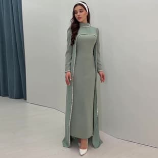 2026 New Women's Dress, European & American Amazon Cross-Border, Rhinestone Capelet, Light Green Slim Fit Two-Piece Set