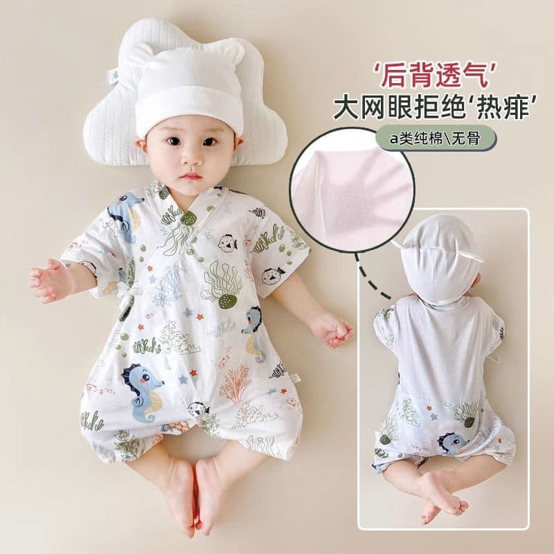 Baby Clothes, One-Piece Summer Short-Sleeved Thin Cotton Romper, Newborn Baby Monk-Style Crawling Suit for Summer