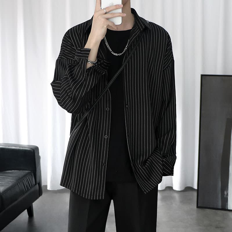 Dark Striped Long-Sleeve Shirt for Men, Trendy Spring/Summer Ins Thin Couple Draped Inner Layer Streetwear Shirt