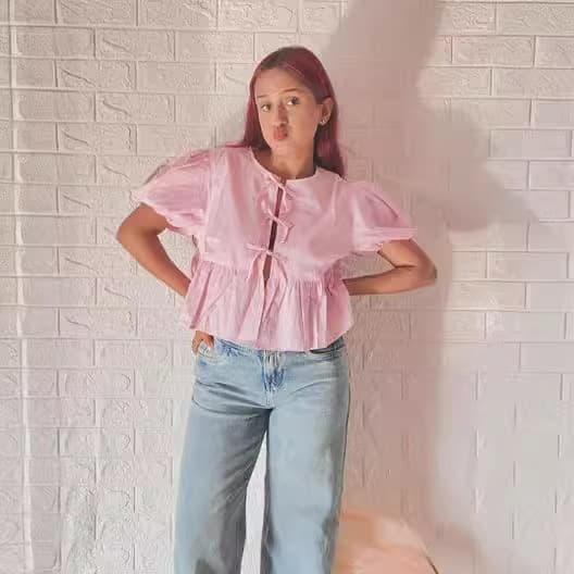 Qingqing Nordic super sweet niche solid color puff sleeves age-reducing lace-up ruffled babydoll tops for women