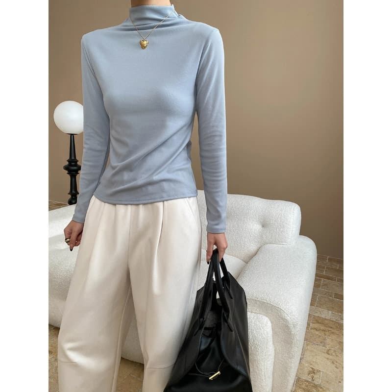 Sinan Essential Basic Style Skin-Friendly Soft Brushed Semi-Turtleneck Slim Flattering Versatile Base Layer SN6903