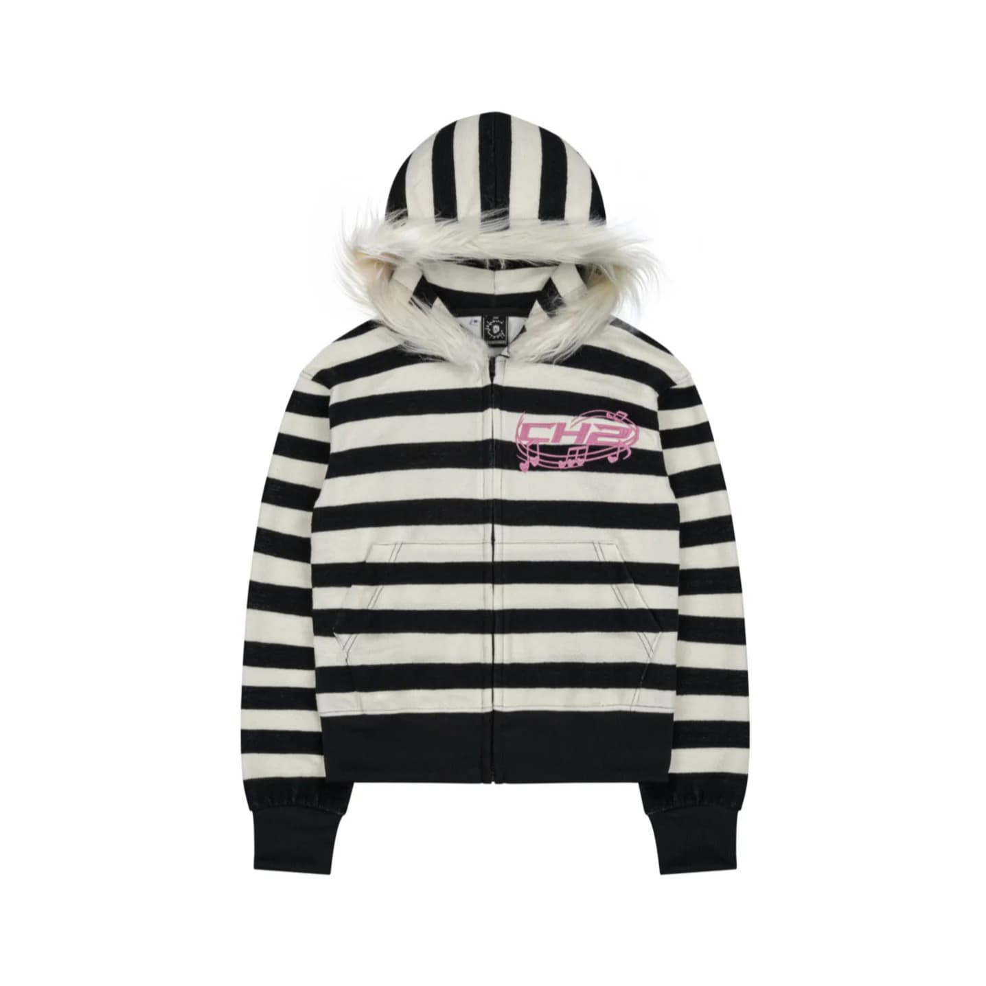 Y2K millennium black-white striped faux fur collar cropped hooded cardigan, pink note print zip-up sweatshirt