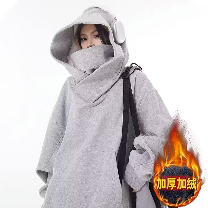 Social Anxiety Black Warrior Hoodie for Men Fall/Winter Heavyweight Techwear Jacket Oversized American Style High Collar Zip Hoodie