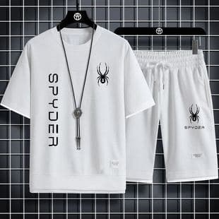 New Cross-Border Waffle Knit Crew Neck T-Shirt Sports Set, Korean Style Fashion Trend Print Casual Set for Men, Summer