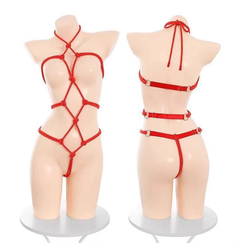 Ruyue Sexy One-Piece Bodysuit for Women, Open Crotch, No Need to Take Off, See-Through Long-Sleeve Lingerie, Red Rope Bondage Bodysuit Set