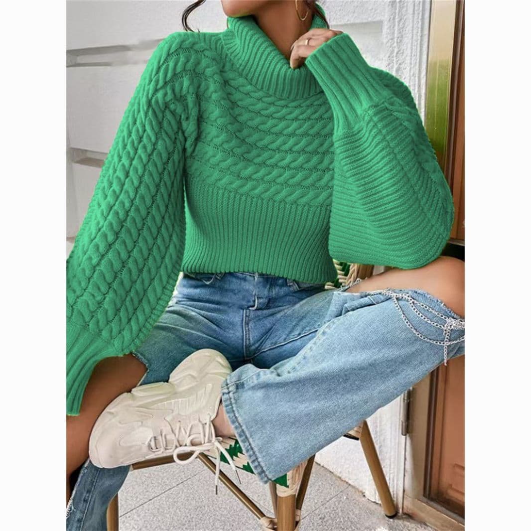 Women's Cable Knit Solid Turtleneck Long-Sleeve Sweater Top for Autumn and Winter - European and American Cross-Border Trade
