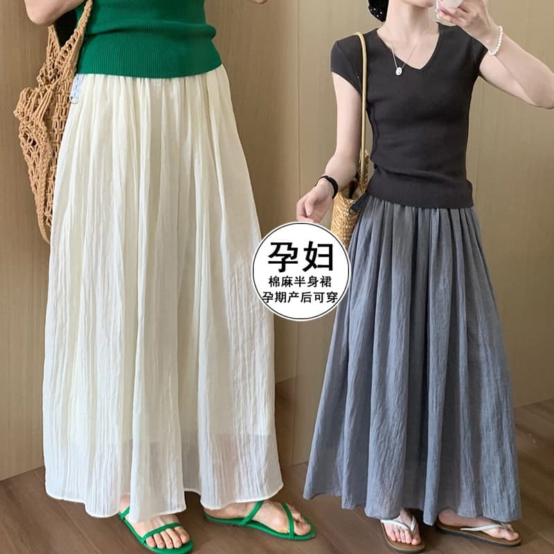 Maternity High Waist Slimming Cotton Linen Skirt 2026 Summer New Korean Style Casual Straight Non-Tight Belly Umbrella Skirt Long Skirt