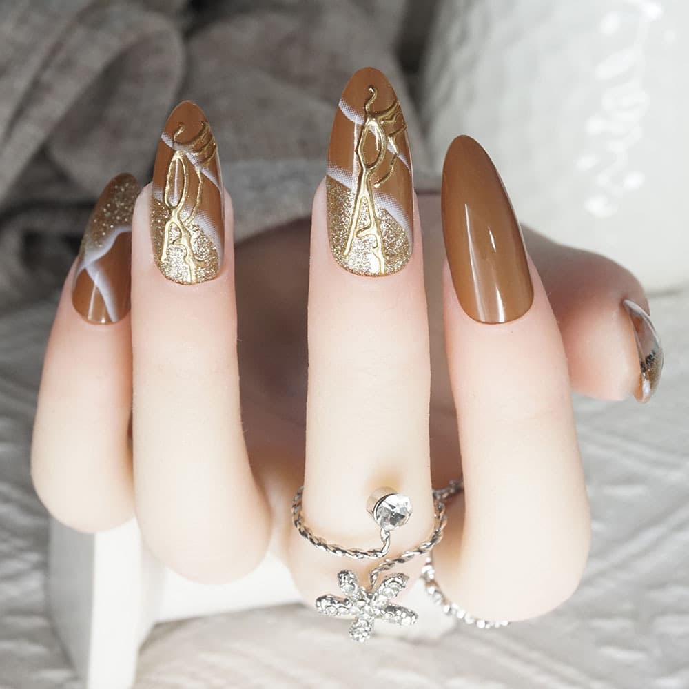 Cross-Border New Hot Stamping Gradient Press-On Nails Embossed Maillard Nail Art Nail Wraps Medium-Long Nail Tips Nail
