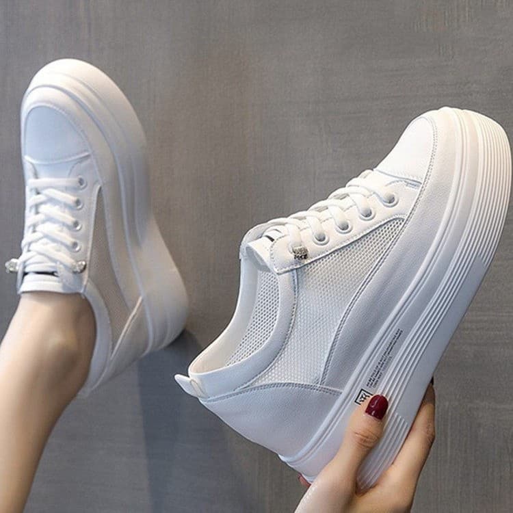Soft Leather Edition~Spring Women's Shoes New Style Single Shoes Wholesale Thick Sole Platform Inner Height Increase Hollow Casual White Shoes Women's Shoes