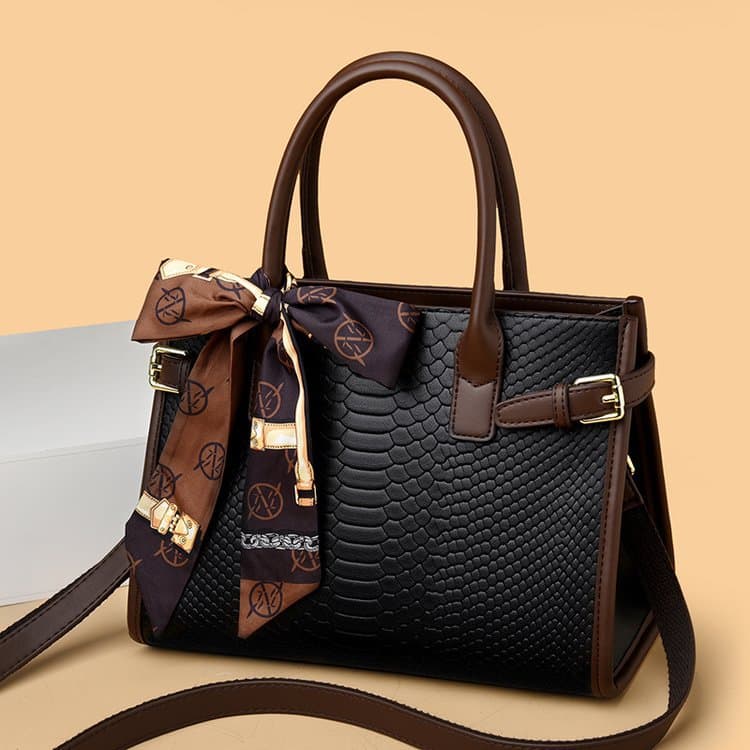 2025 New Genuine Leather Embossed Snake Print Contrast Color Briefcase Bag with Scarf