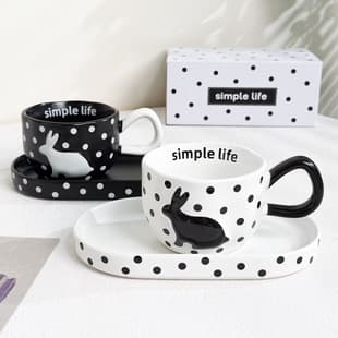 Black and White Contrast Rabbit Relief Ceramic Mug with Saucer, Office Milk Cup, Couple Mug Set, High-Quality
