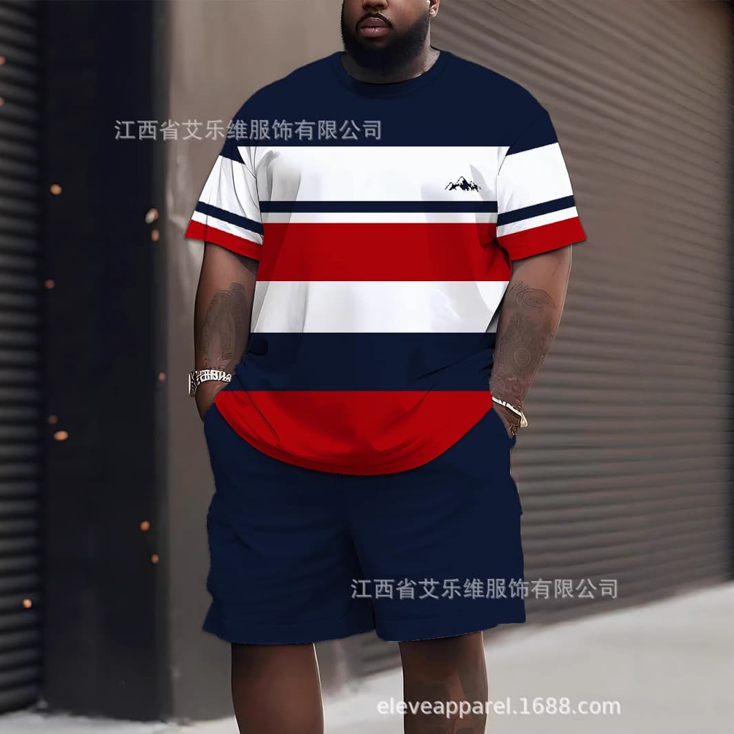 European and American new four-season minimalist stripe fresh style cross-border 3D digital print shorts and short-sleeve large size set