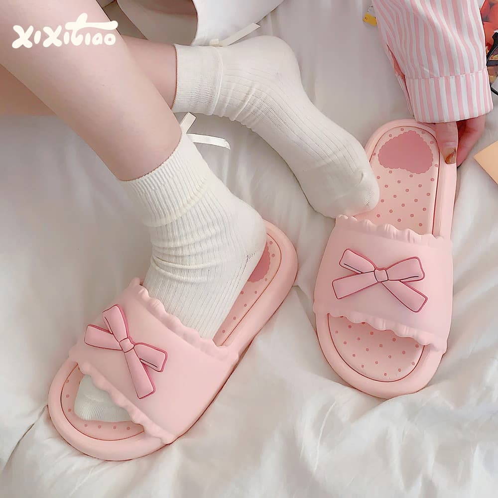 Thin Strip Sweet Girl Bow Home Slippers Summer Korean Cute EVA Comfortable Thick Sole Outdoor Sandals