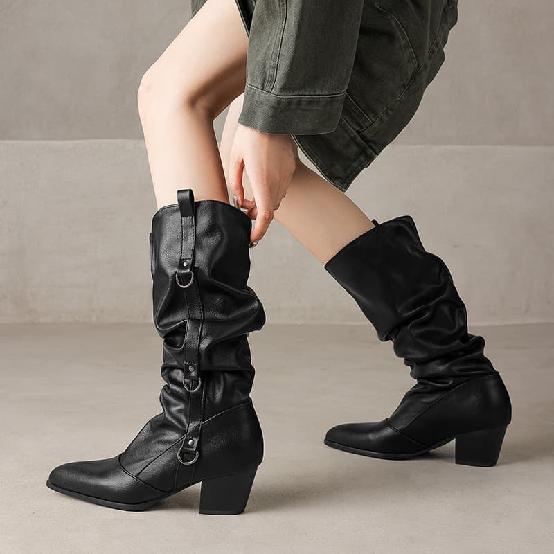 Vintage Pointed Toe Wrinkled Boot Shaft Western Cowboy Boots Women 2026 Autumn Winter New Stacked Boots Mid-Calf Riding Boots