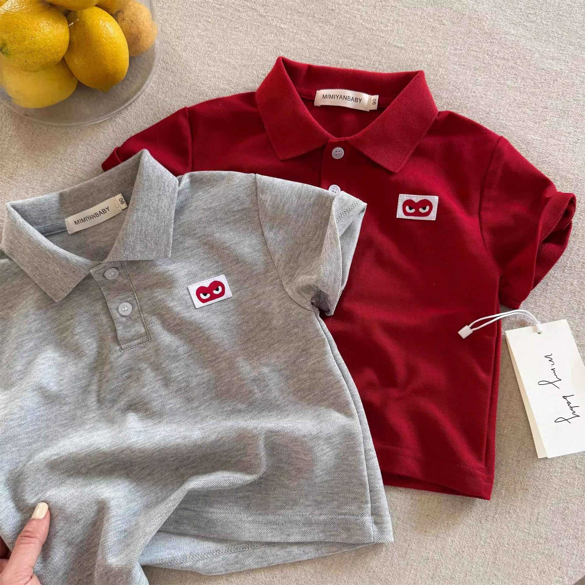 Children's Short Sleeve 2026 Summer Boys Girls Japanese Street Style Heart T-Shirt Baby Toddler Fashionable Turn-down Collar Polo Shirt