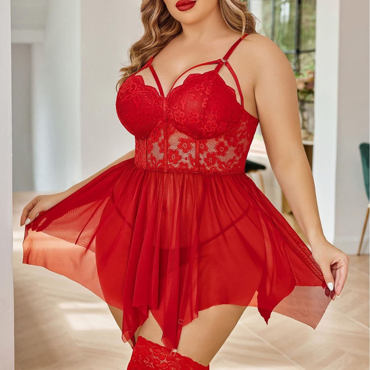 Plus Size Lace Camisole Sexy Sleepwear New Push-Up Lightweight Sheer Loose Underwear European and American Nightgown In Stock