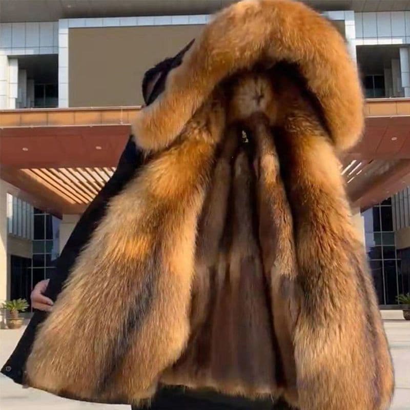 New Men's Parka Cotton Coat with Fur Lining, Faux Fox Fur Lining, Mid-Length Faux Fur Jacket, Trendy