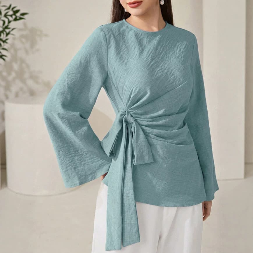 2026 new cross-border Amazon AliExpress temu European and American round neck long-sleeved T-shirt solid color side waist tie top