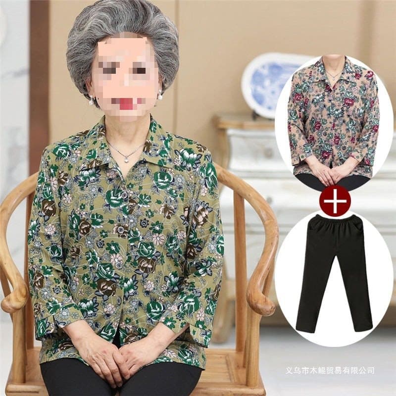 Grandma's Spring Outfit, Three-Quarter Sleeve Shirt, Middle-Aged and Elderly Women's Clothing Set, Single Piece, Summer Clothing for Ladies and Elderly, Trendy Clothes