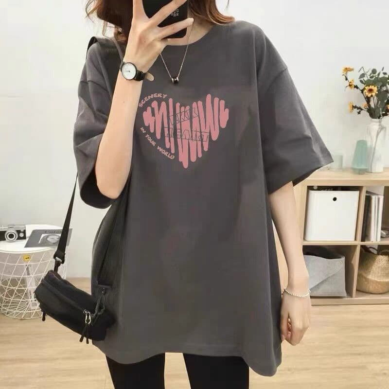 Plus-Size Pure Cotton T-Shirt for Women, Summer Short-Sleeve New Style, Pink Heart Design, Mid-Length, Loose Fit, European Style 100kg T-Shirt