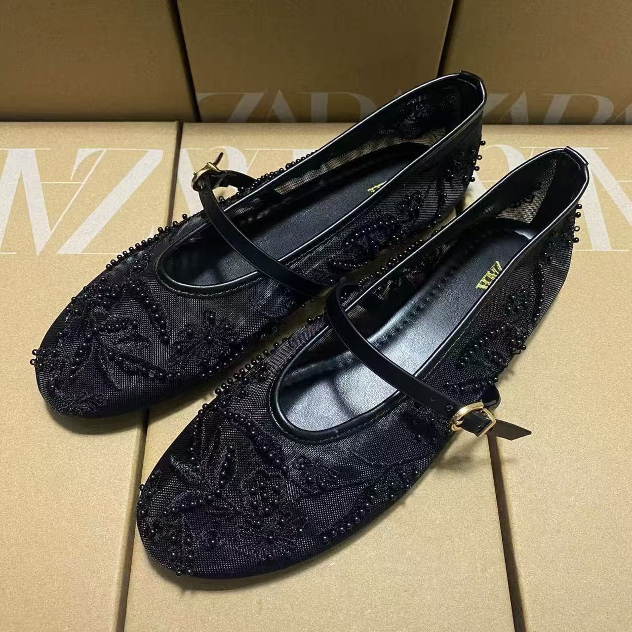 ZA2025 New Summer Fashion Women's Shoes Retro Style Embroidered Lace Mesh Ballet Flats