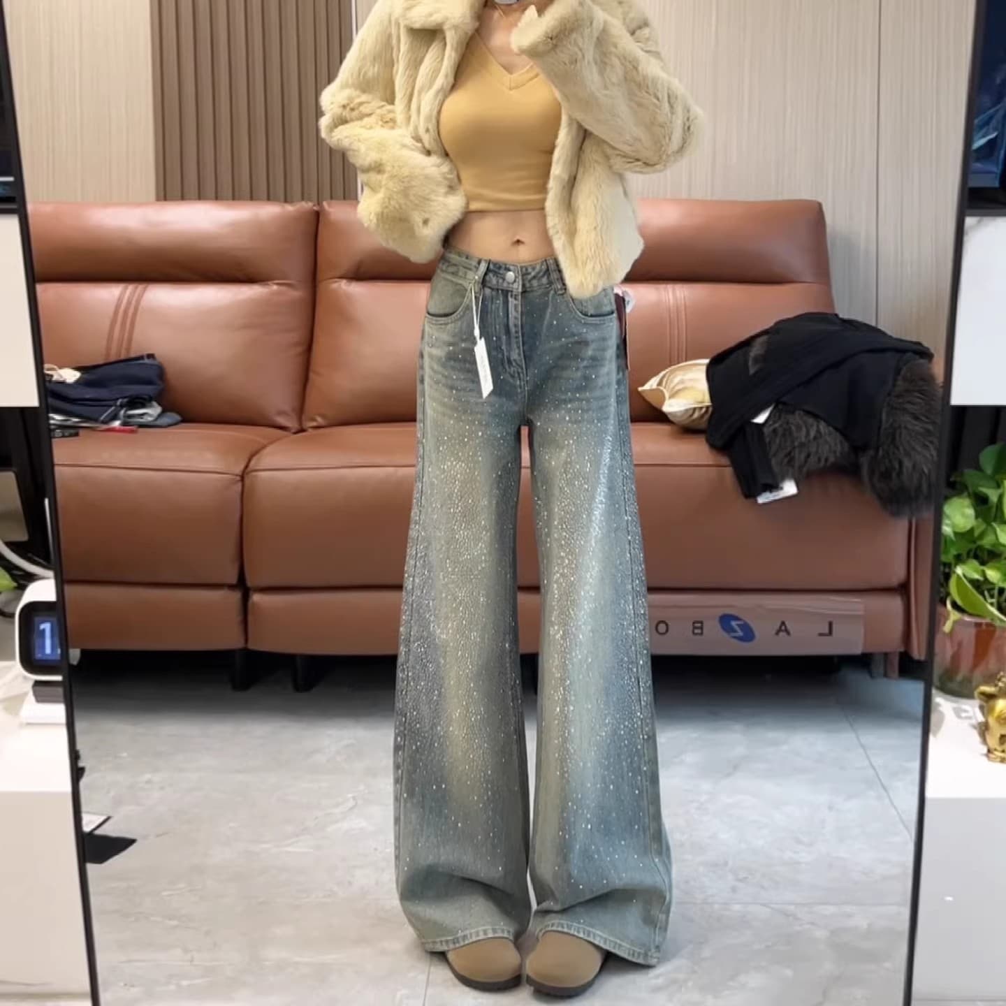Blue Slim Sparkling Galaxy Rhinestone Flared Jeans for Women 2026 Spring/Autumn New High-Waist Slimming Wide-Leg Long Pants