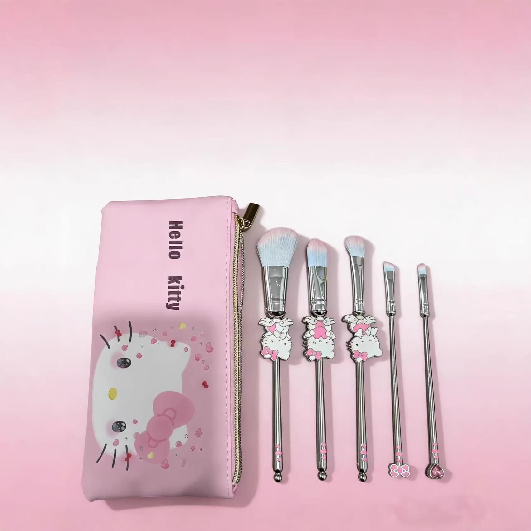 Cross-border Hot Selling Hello Kitty Metallic Silver 5-Piece Pink Makeup Brush Set Cute Kitty Cat Makeup Brush Set