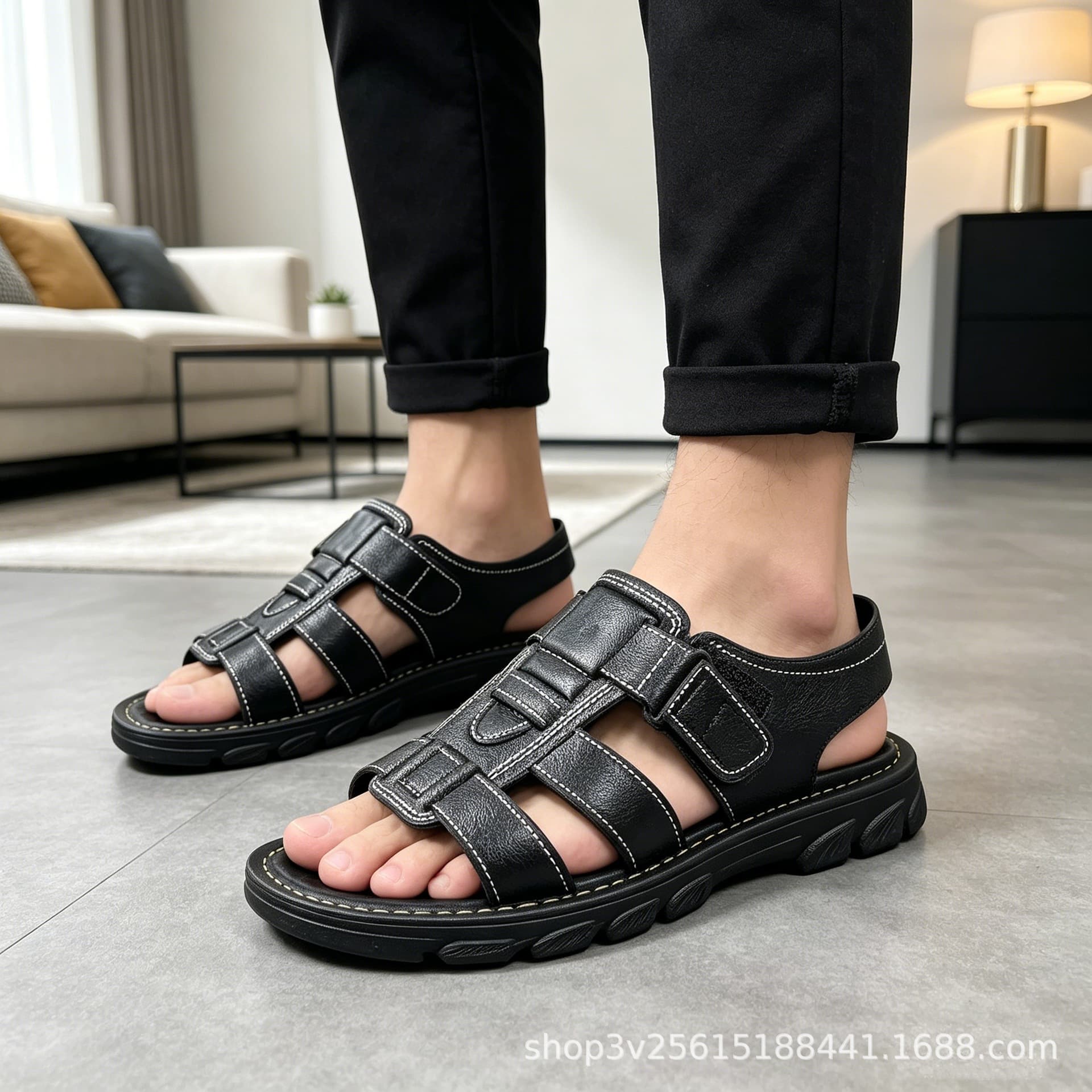 Men's Summer New Anti-Slip Thick Sole Sandals, Velcro Breathable Beach Shoes, Wear-Resistant Leather Casual Slides for Driving