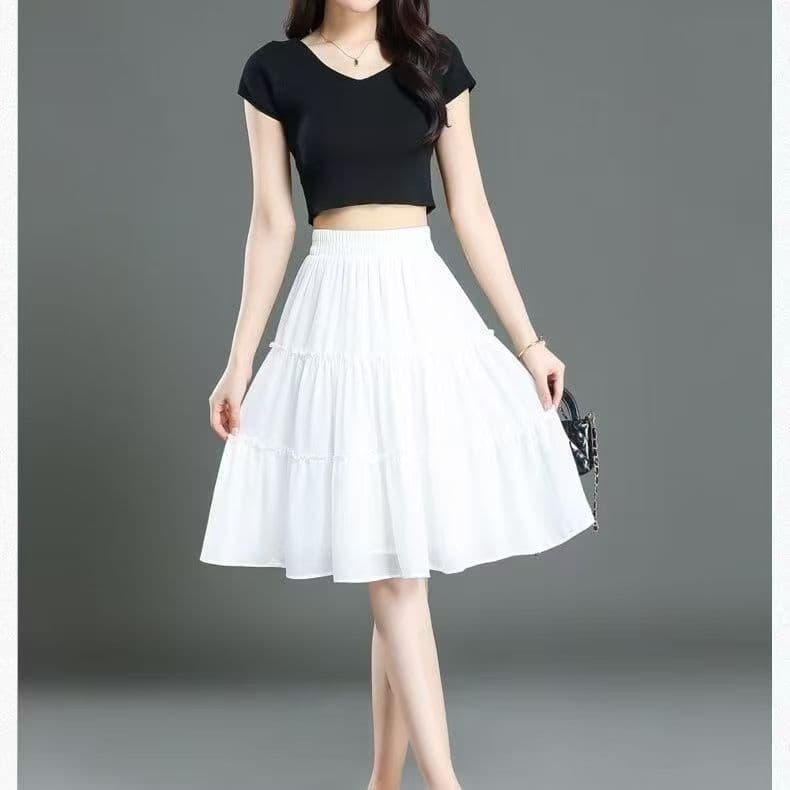 High-Quality Half Skirt Elastic Waist Chiffon Midi Skirt 2026 Summer New Slimming Cake Skirt A-Line Half Skirt