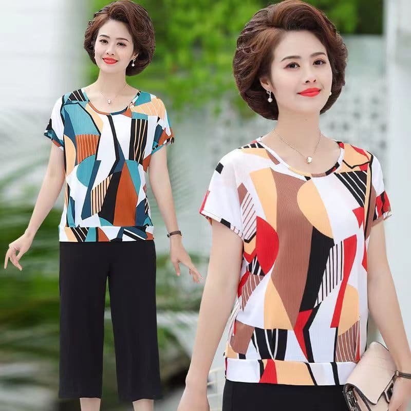 2025 New Summer Round Neck Printed T-Shirt Tops Middle-Aged Mothers Age-Reducing Ice Silk Mid-Sleeve T-Shirt Women's Medium and South Asia