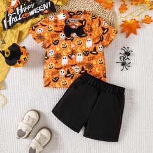 Halloween Kids Set Boys Pumpkin Ghost Print Short Sleeve Shirt Black Shorts Two-Piece Set
