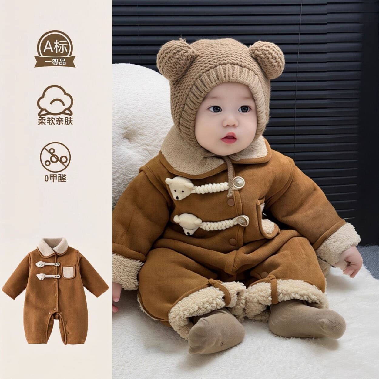 Baby cute jumpsuit, infant and toddler winter thickened quilted harem full moon plus velvet winter cotton clothing, breathable and comfortable