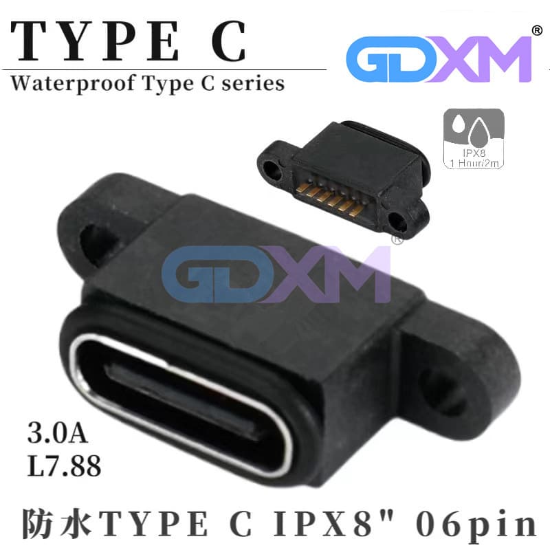 Connector Vertical 6-Pin Dual-Ear Diving Flashlight Charging Interface 3A Waterproof Type-C Female Socket