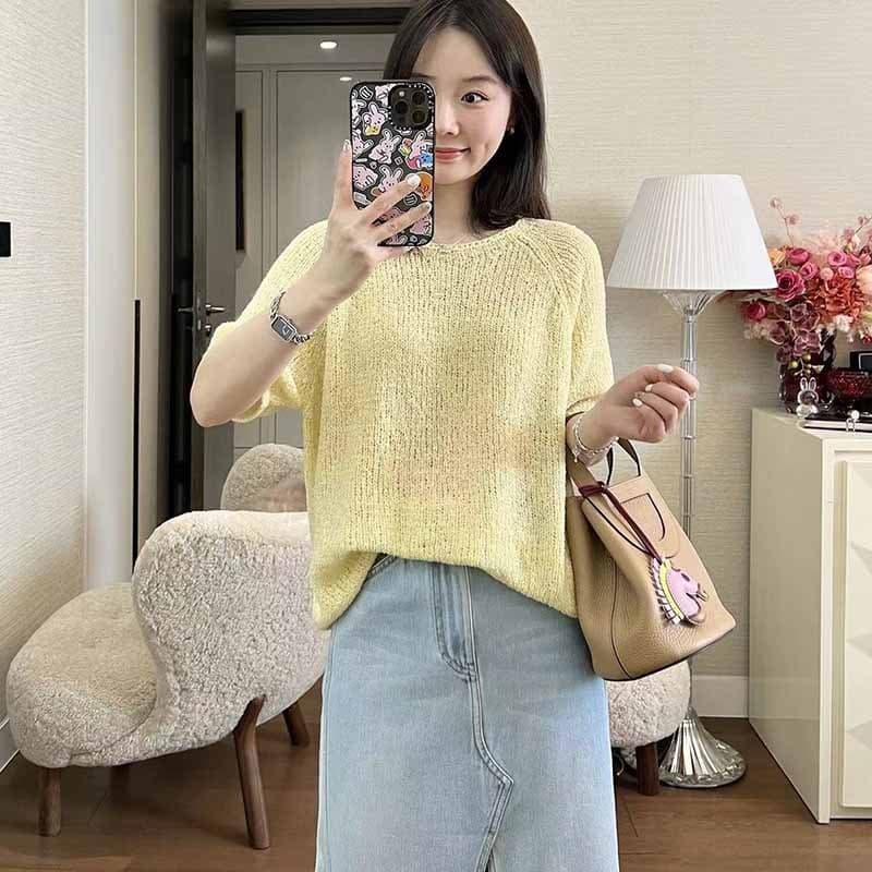 Zhengqi Clothing/Goose Yellow Round Neck Short Sleeve Sweater Women's High Quality Thin Loose Versatile Simple Top