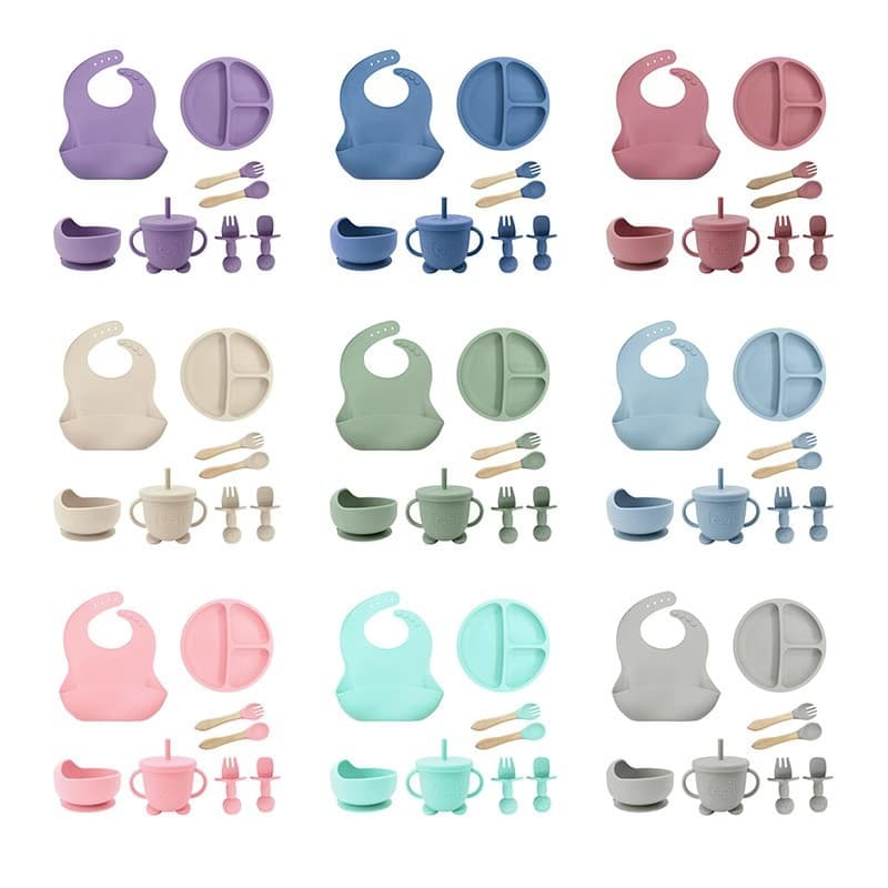 Food-grade silicone baby bib, 8-piece divided tableware set, silicone dinner plate with suction cup, silicone children's bowl, spoon, and fork.