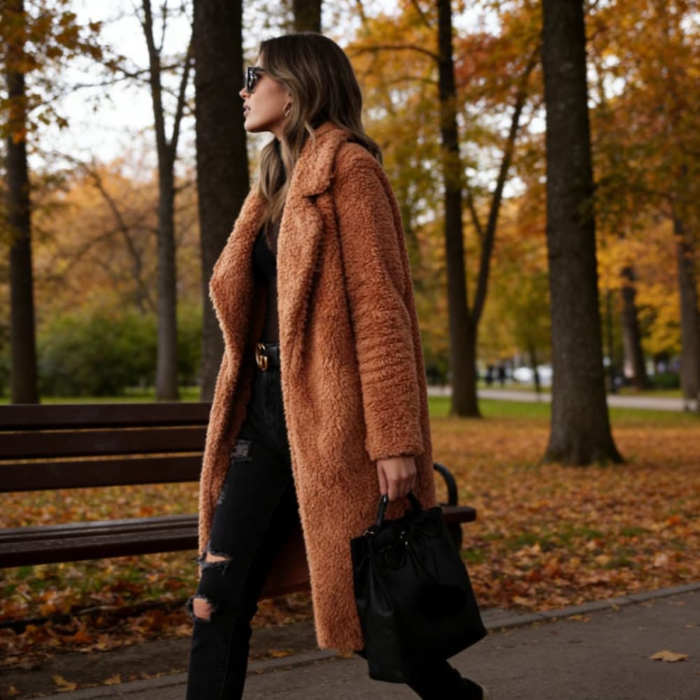 In Stock Women's Autumn/Winter European and American Long Sleeve Turn-Down Collar Double-Sided Fleece Women's Plush Top Long Coat Lamb Fleece Women's Overcoat