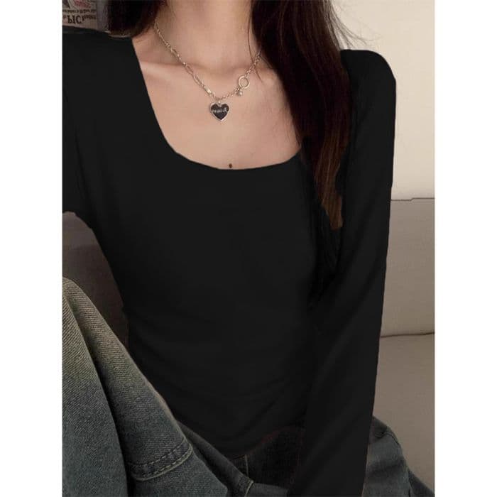 Pure cotton right shoulder U-neck long-sleeved T-shirt women's autumn and winter basic style inner layering shirt sweet spicy waist slim fit short top