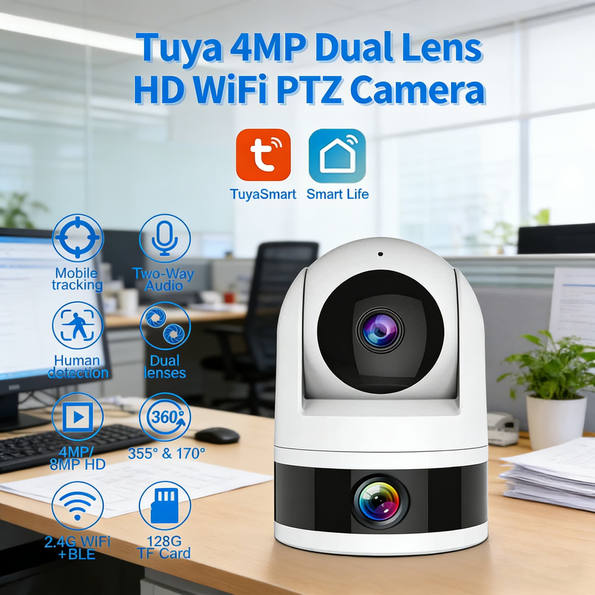 Cross-border Tuya WiFi Dual-Lens HD Surveillance Camera Waterproof 400W Camera with Two-Way Audio Indoor Monitoring