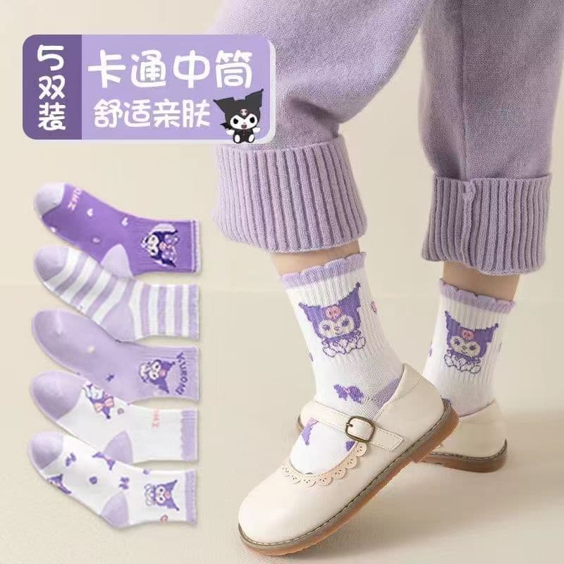 Girls' Socks Kuromi Mid-Calf Medium/Large Kids Socks Spring/Autumn/Winter New Style Cartoon Cute Adorable Purple Baby Girl Cotton Socks