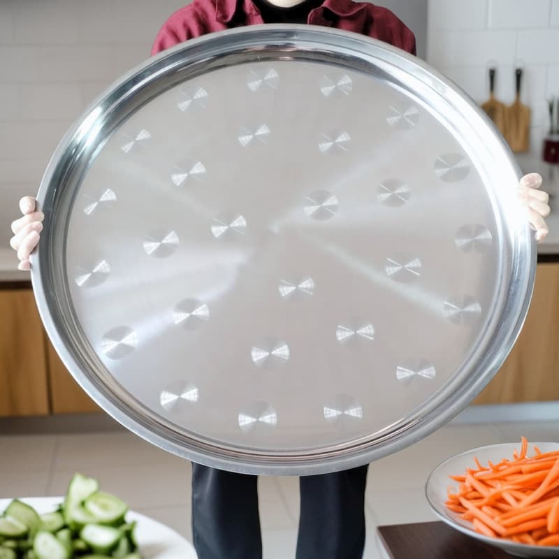 Extra thick chassis, thickened large round stainless steel plate, large dish, easy to clean tray, shallow plate, flat plate, home use