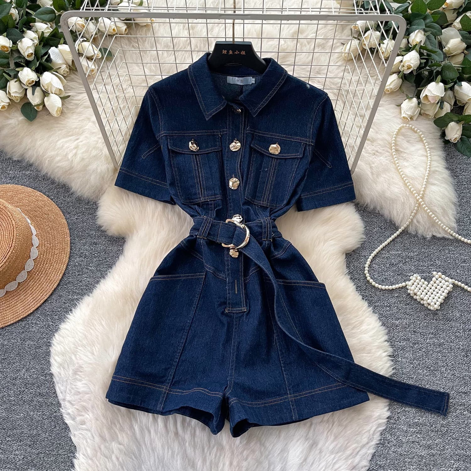 Korean-Style Commuter Denim Micro-Elastic Jumpsuit for Women, High-Waisted, Cinched Waist, Metal Buckle, Slim Fit, Multi-Pocket Jumpsuit for Women
