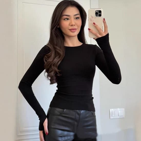 Pure Desire Sexy Round Neck Long Sleeve Fashion T-shirt for Women Spring and Autumn Fashion Hot Girl Finger Cots Slim Fit Bottoming Shirt Top Women's T
