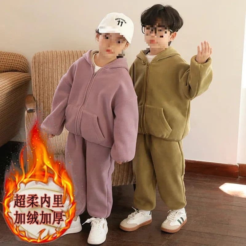 Fleece-Lined Thickened Children's Sportswear Set for Boys and Girls, Autumn/Winter Jacket and Pants Two-Piece with Tag