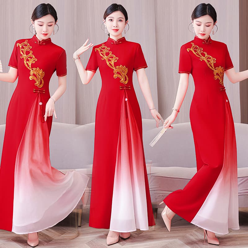 2026 New Style Ao Dai Cheongsam Dress for Married Women Returning to Parents' Home, Dance Plus Size Etiquette Catwalk Long Performance Costume