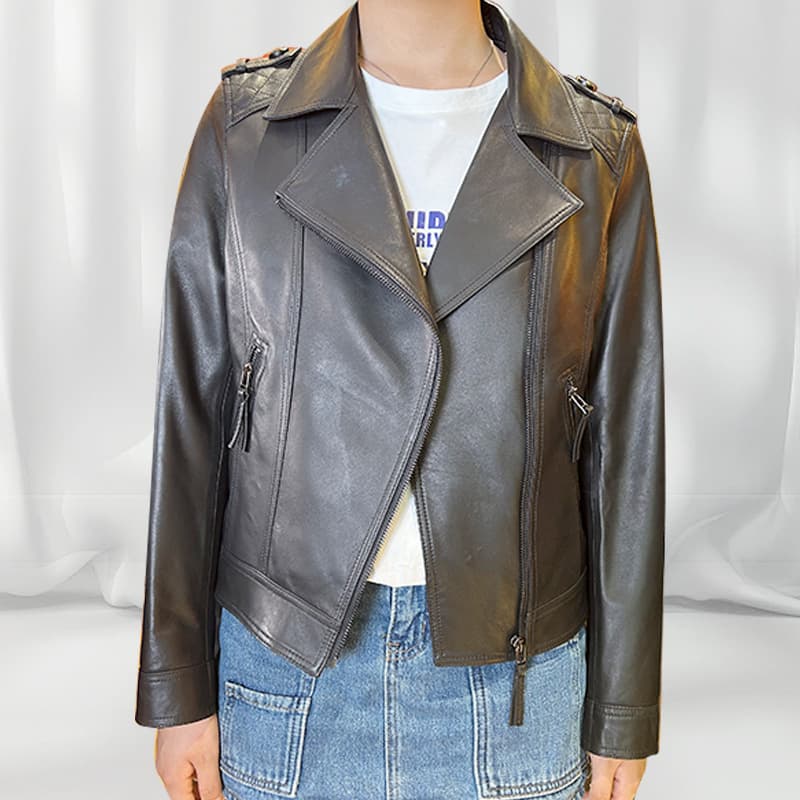 Black Sheepskin Jacket for Women Slim Fit 2025 Spring Autumn New Versatile Turn-down Collar Motorcycle Leather Jacket