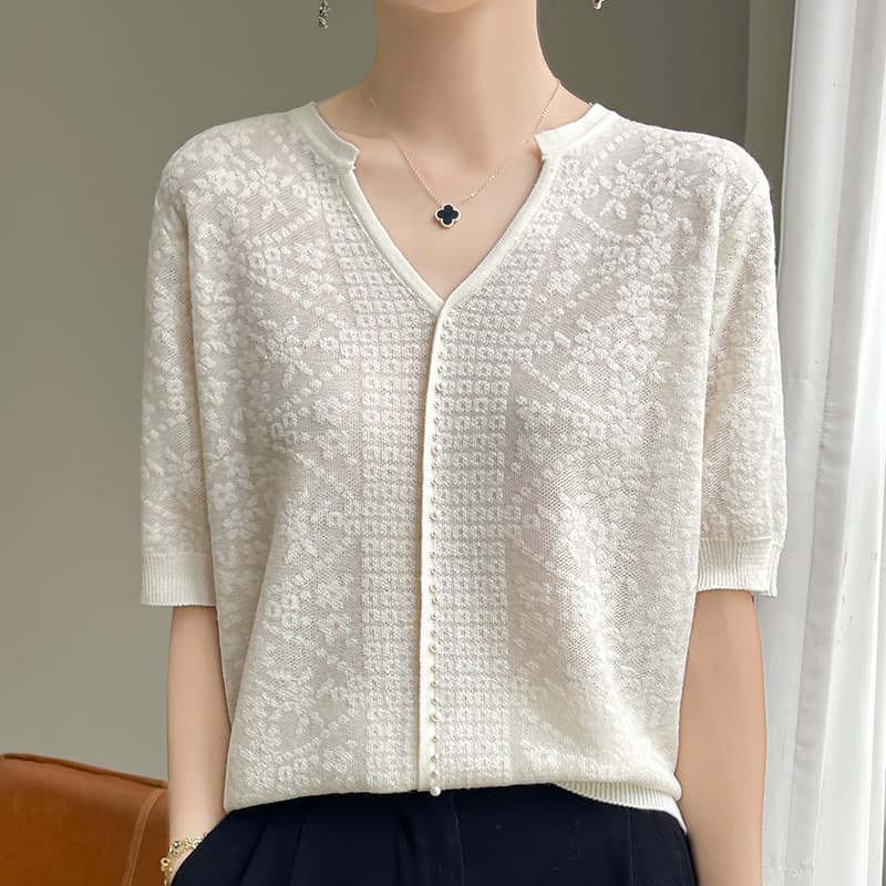 2024 Summer New Chinese Style Tencel Mulberry Silk Blended V-neck Beaded Knitted Sweater Hollow Crochet Top