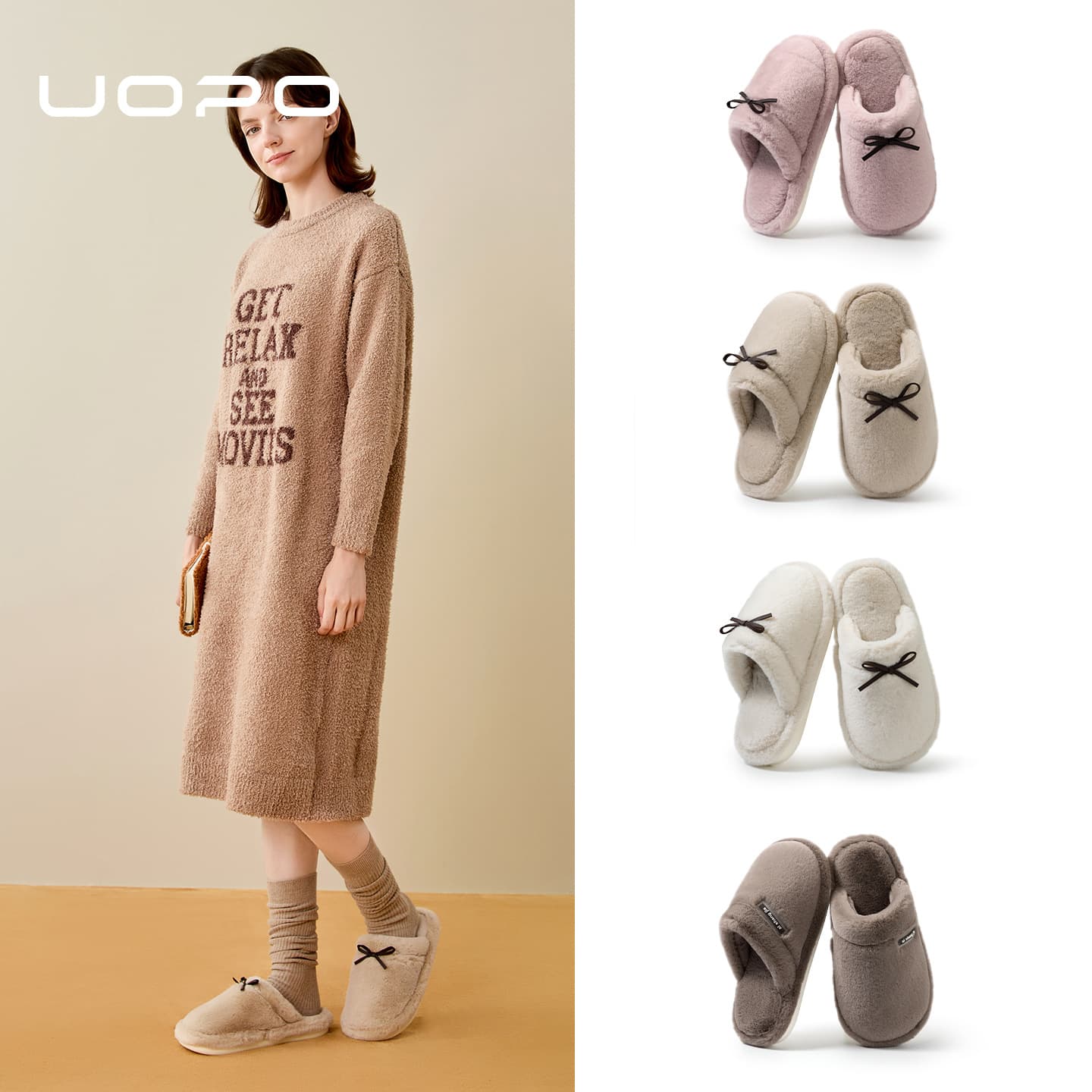 Bow Cotton Slippers for Women, Winter Warm Solid Indoor Home Fleece-Lined Comfortable Versatile Non-Slip Plush Slippers for Men